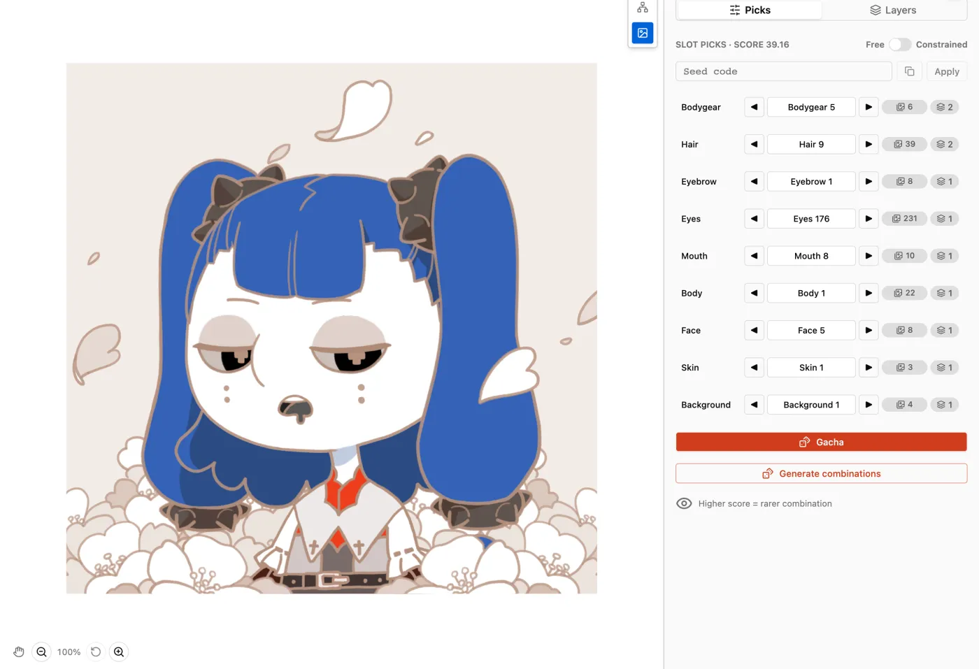Compose canvas beside Slot Picks, with Gacha and Generate combinations controls.